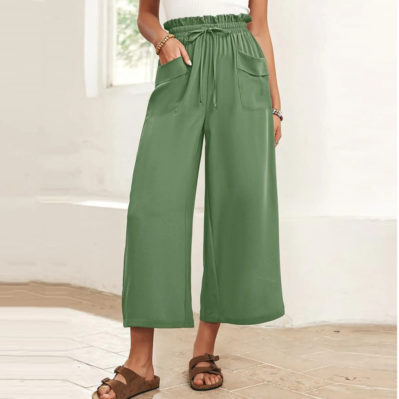 

Women Pants 2024 Summer Fashion Elastic Waist Loose Straight Pants Female Casual Solid Color Ankle-length Trousers Pants With Po