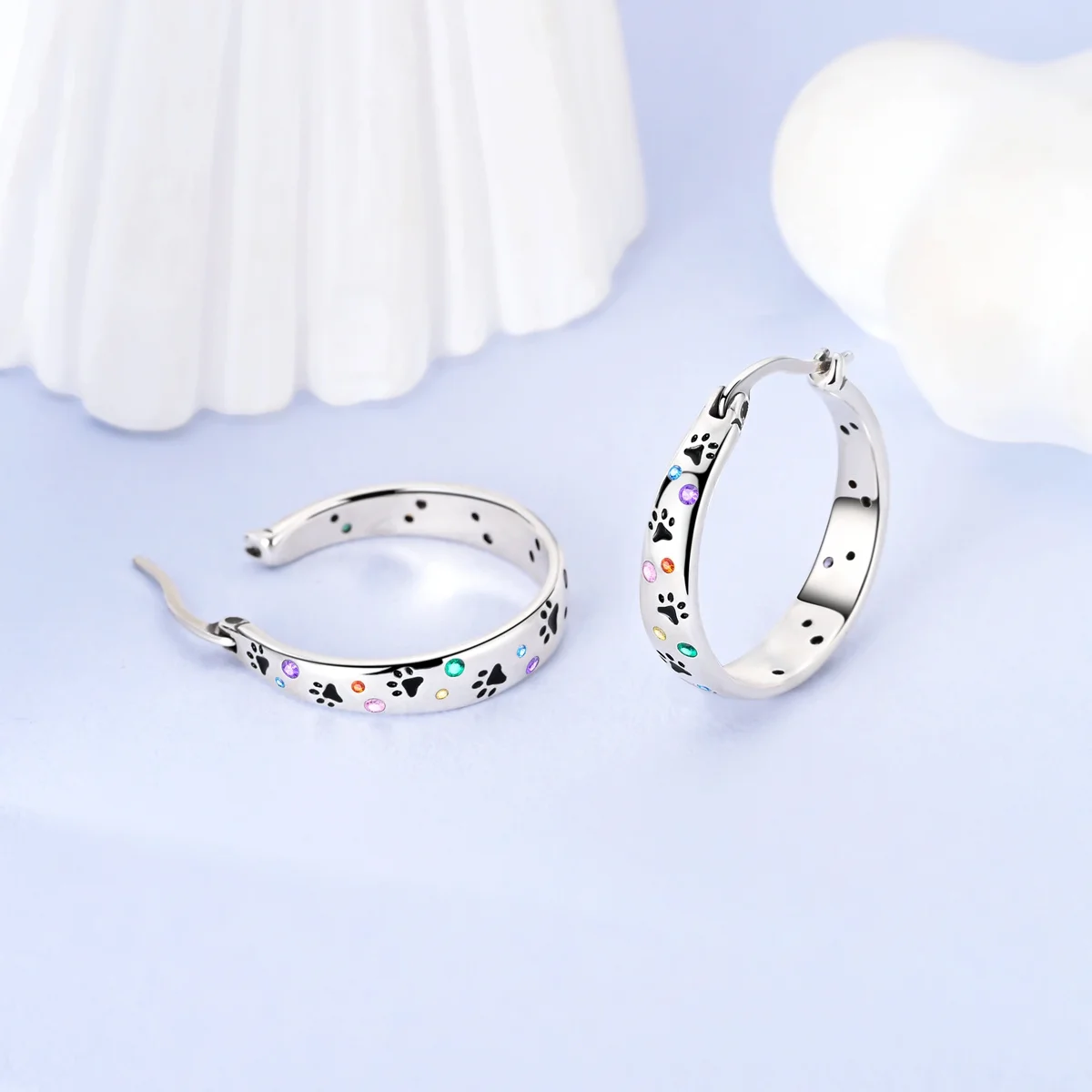 [Cute Hoop Earrings] Vintage Cute 1 Pair Silver Plated Copper Hoop Earrings| Colorful Cubic Zirconia Paw Print Design, Unisex Fashion Jewelry for Daily Wear & Gifts, All-Season Accessory