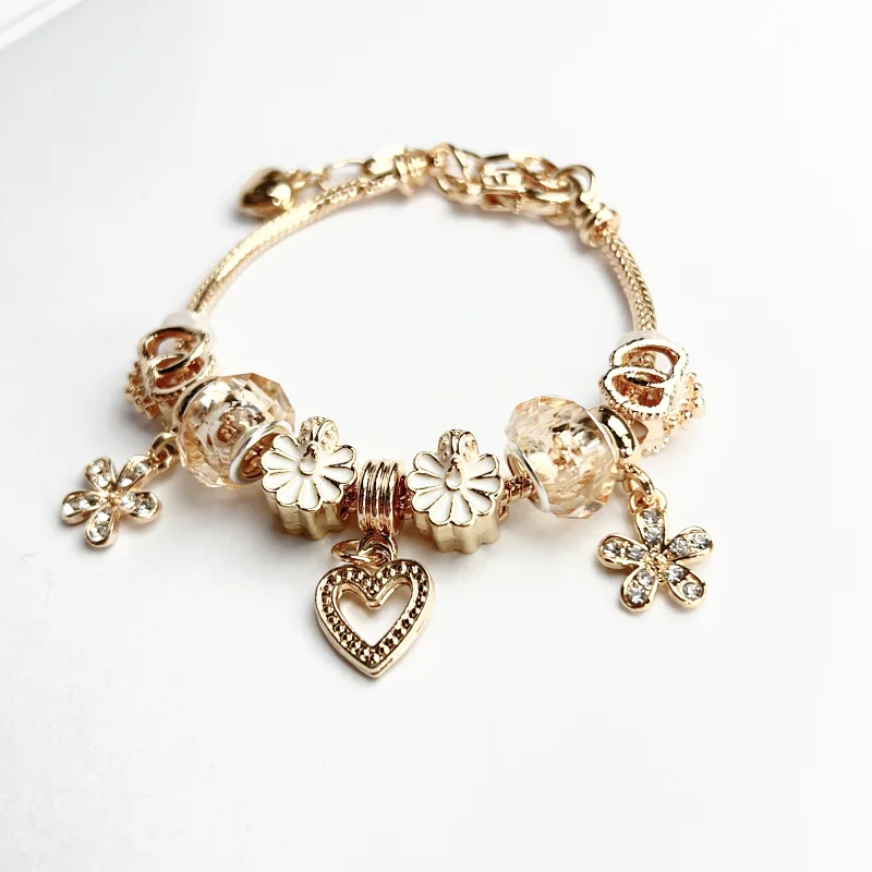 Fashion Luxury Gold Color Alloy Artificial Zircon Rhinestone Flower Heart Beaded Bracelet Women Jewelry Summer Gifts