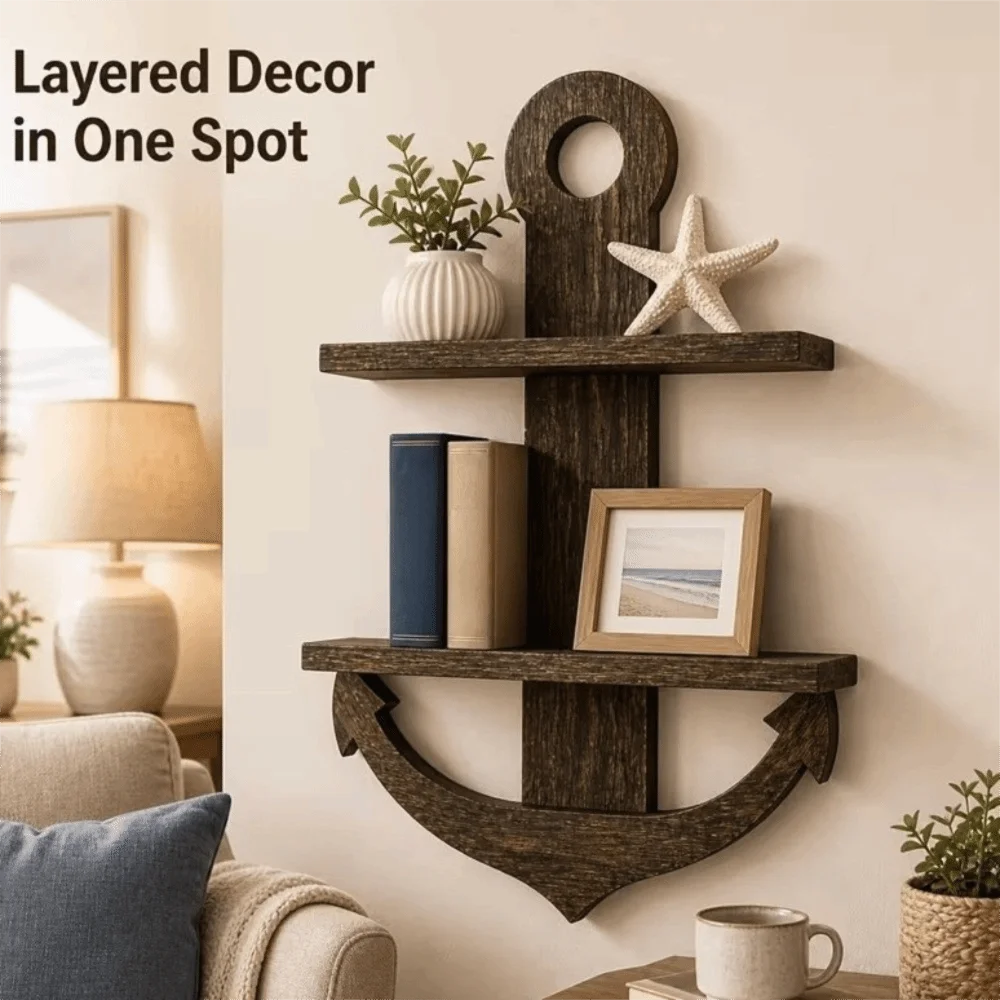 Decorative Wooden Anchor Design Wall Shelf Nautical Style Double-Layer Floating Shelves Retro Modern Display Rack Bathroom