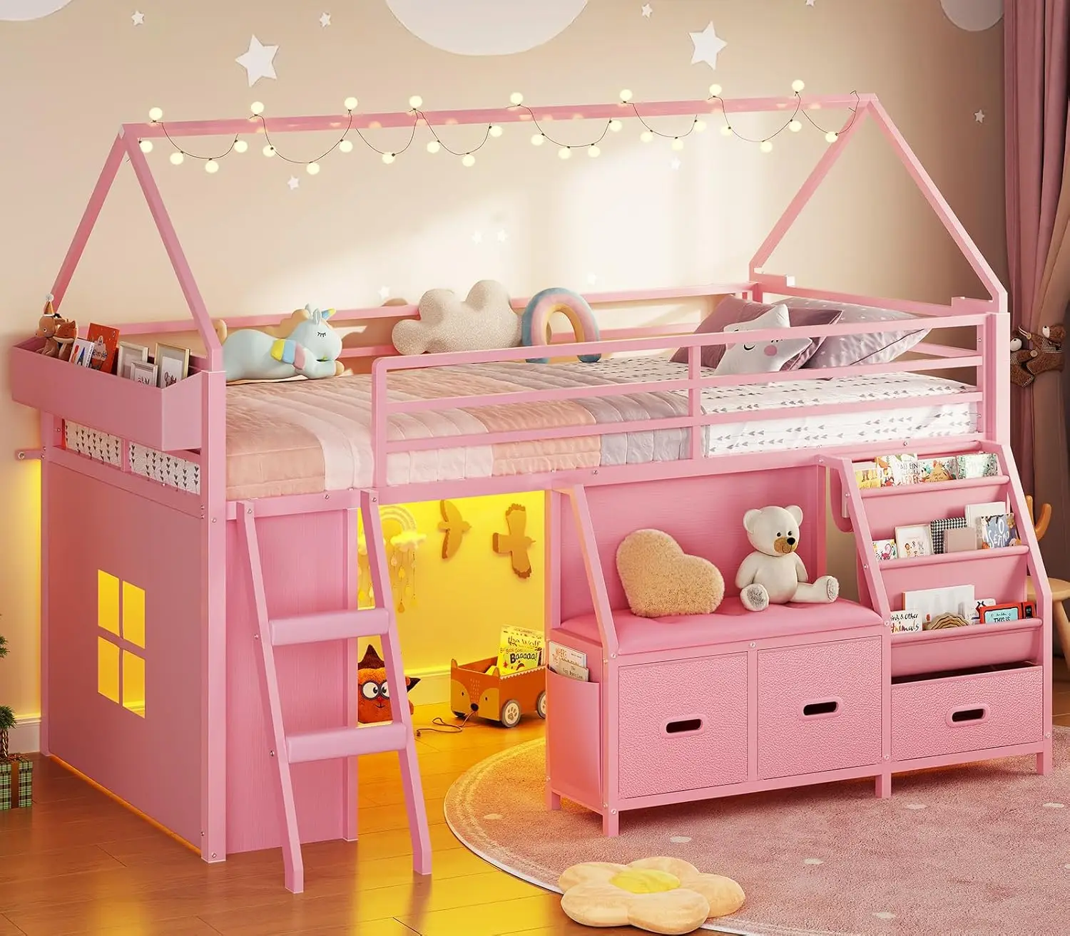 

Низкая кровать-чердак размера Twin с книжной полкой, зоной для чтения, светодиодной подсветкой, 3 ящиками, игровой зоной под кроватью, домиком, на заказ