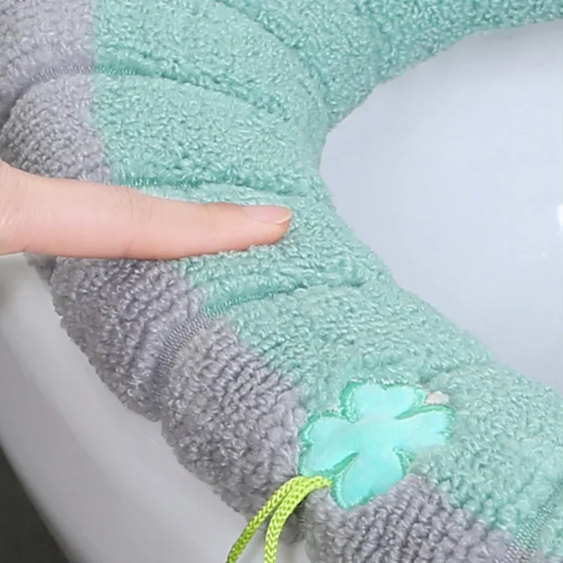 Winter Warm Toilet Seat Cover Washable Bathroom Toilet Pad Cushion With Handle Thicker Soft Mat Knitting Warmer Closestool Mat