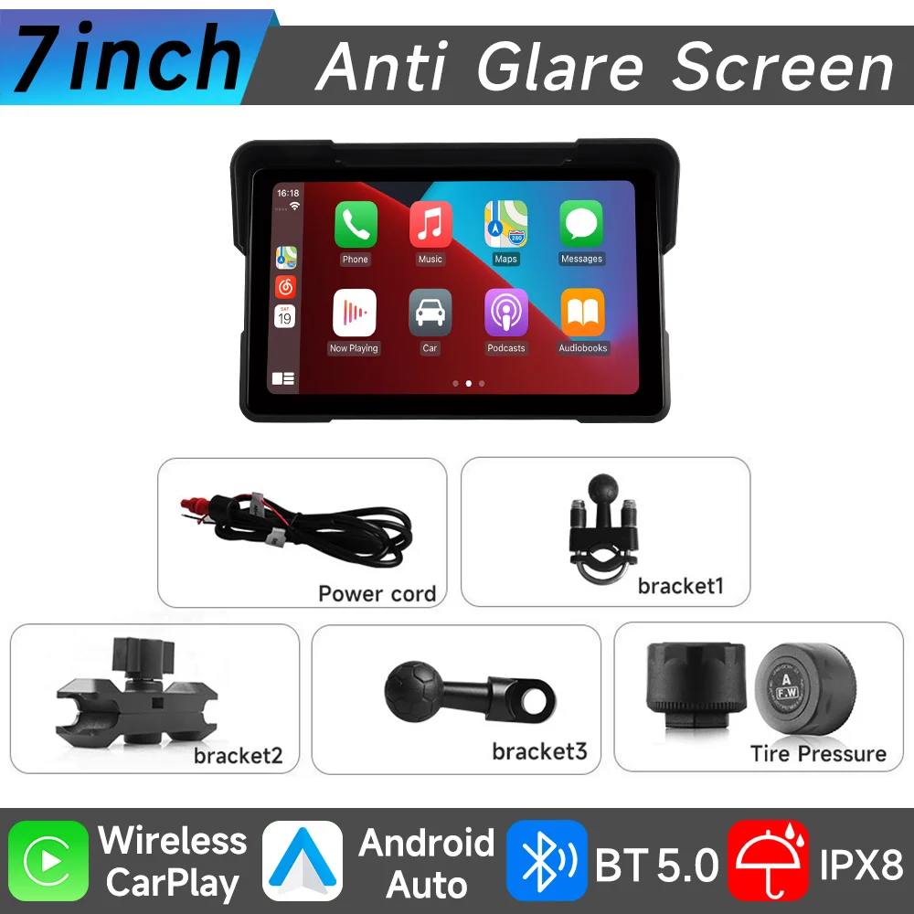 7 "Motorfiets Multimedia Speler GPS Navigatie Recorder Draadloze CarPlay Android Auto IP67 Waterdicht Scherm Bluetooth 2024 Nieuwe - afbeelding 1