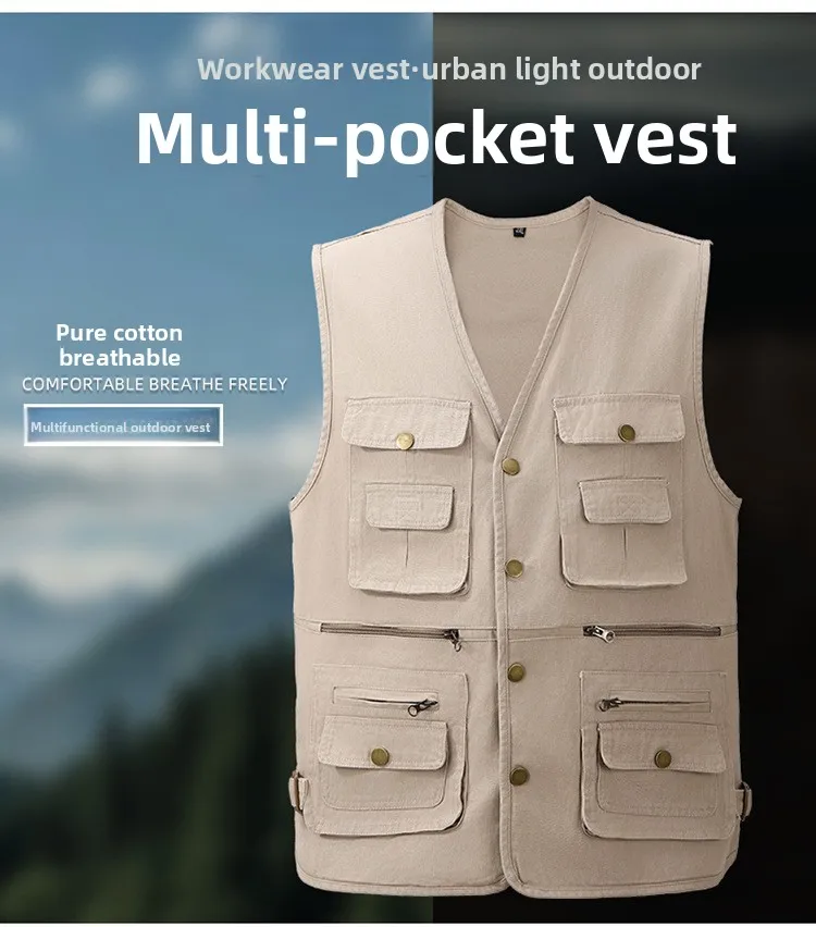 Men's Outdoor Cargo Fishing Vest Multi-Pocket Washed Cotton Padded Sleeveless Jacket