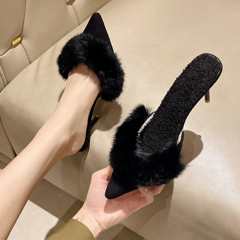 Spring Pointed Toe Mules Shoes 2024 Women Slippers Slip On Women Fashion Girls Comfrot Heel Shoes Party High Heel Fur Sandals