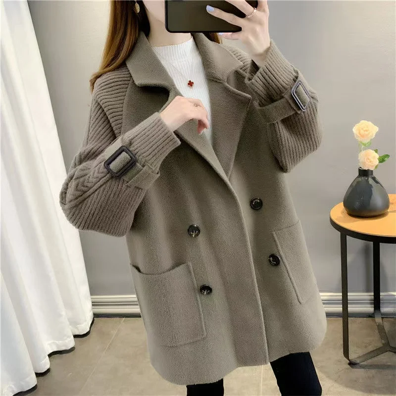 New Women's Double Tweed Jacket Long Overcoat Loose Knit Cardigan Woolen Windbreaker Coat Autumn and Winter Korean Style