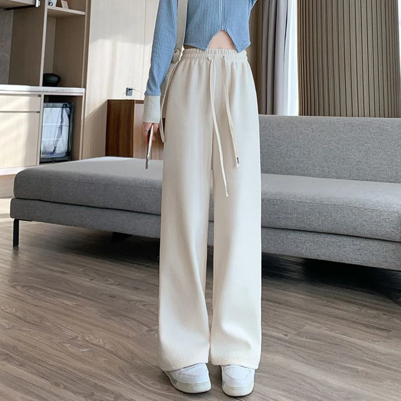 กางเกงขายาวทรงกระบอกขาบานสไตล์เกาหลีสำหรับผู้หญิง เอวสูงลำลอง แฟชั่นทันสมัย สวมใส่สบาย มีเชือกผูก