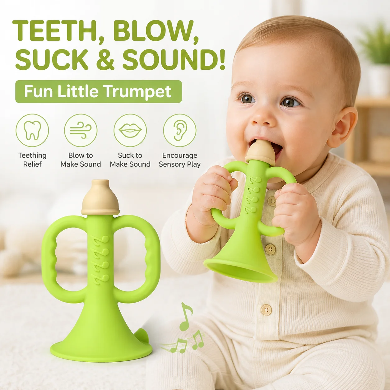 Baby Trumpet Teether Toy 3-in-1 Silicone Teething Relief Chew Toy with Sound Early Educational Sensory Toy for Toddlers BPA Free