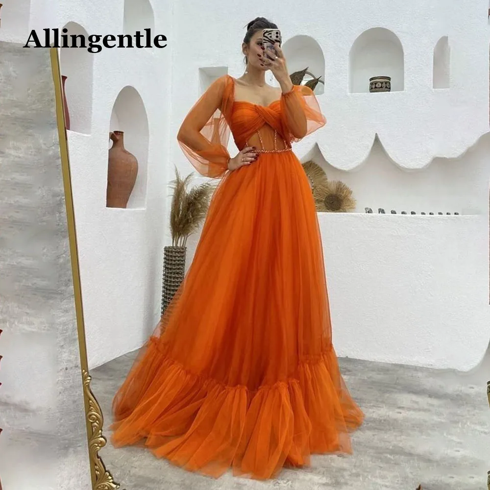 Allingave laranja vestidos de baile para mulheres, mangas longas de tule inchado, A-Line Fairy Maxi, vestidos de formatura para festa, personalizados