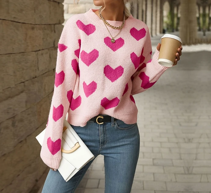 

Fashion Autumn Sweater Temperament Commuting Leisure Retro Sweater Knitted Jacquard Valentine's Day Love Pink Sweater for Women