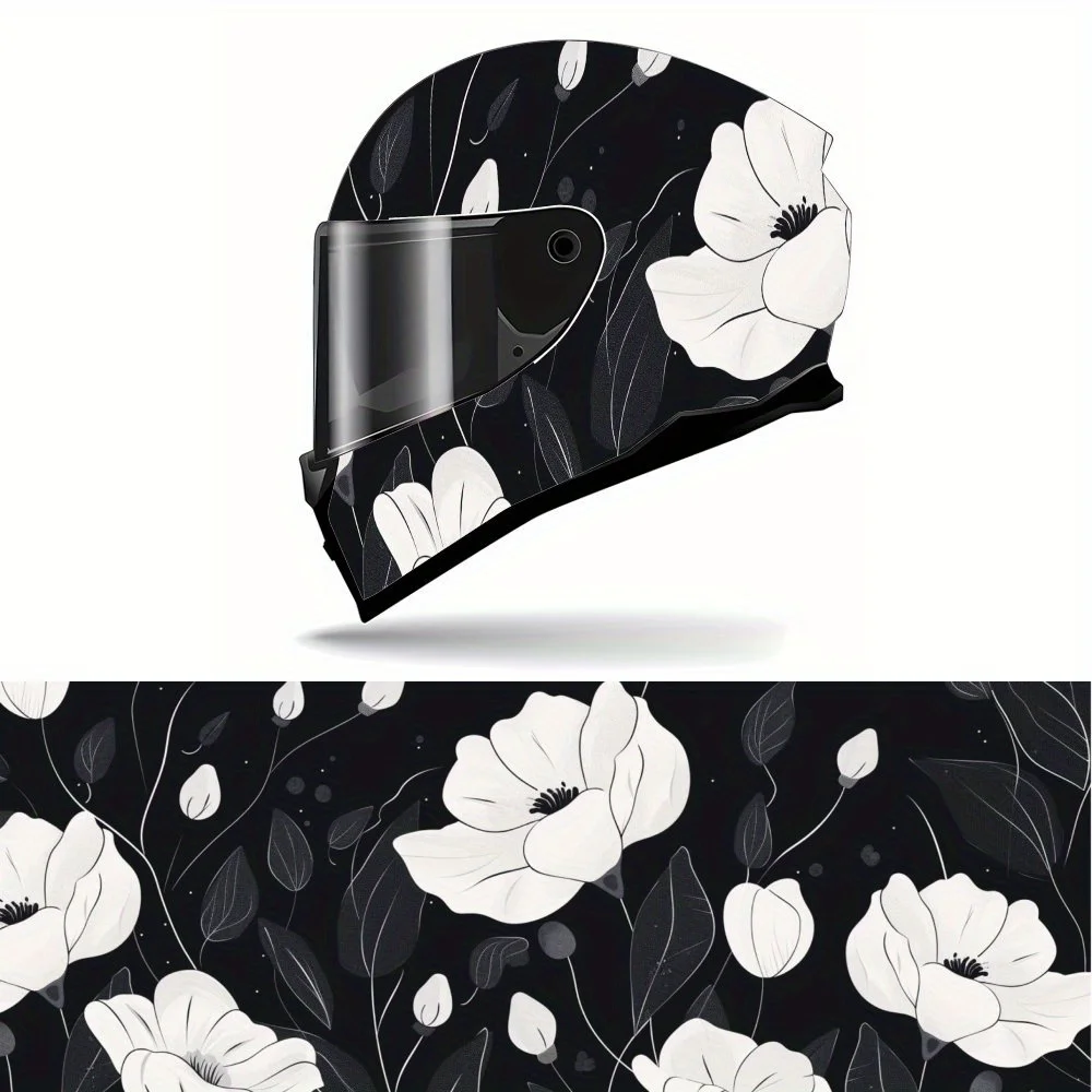 

Classic Black and White Floral Full Face Helmet Vinyl Wrap Sticker, Waterproof Scratch-Resistant Self-Adhesive PVC Decals, Artis