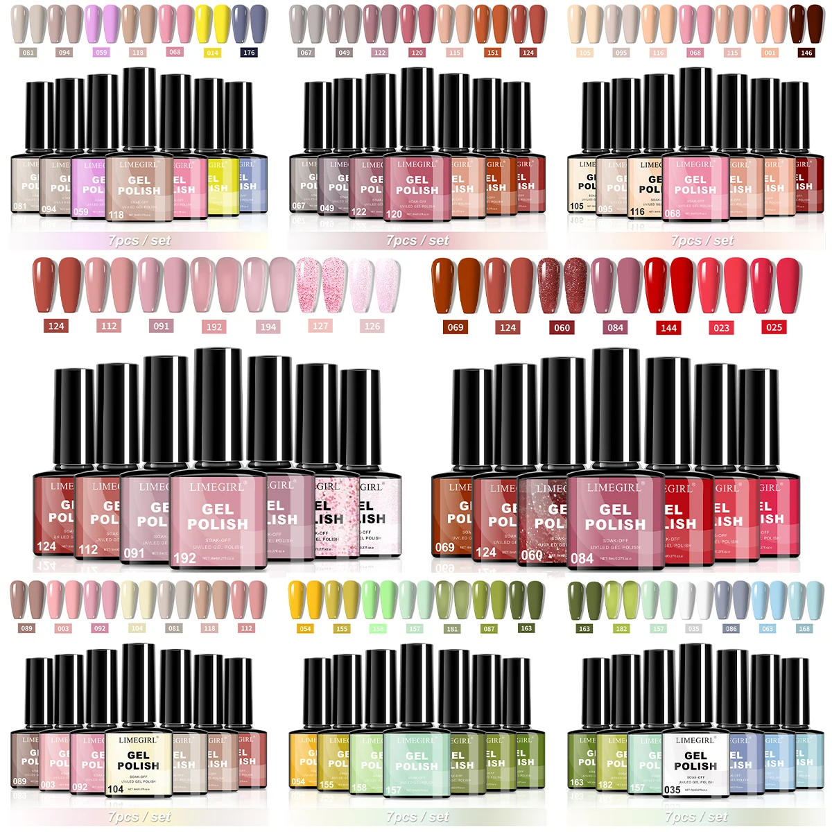 

LIMEGIRL 7 PCS 8 ML Gel Polish Set Summer Glitter Soft Gel Soak Off Gel Polish Kit Nail Art Manicure Salon DIY at Home for Women