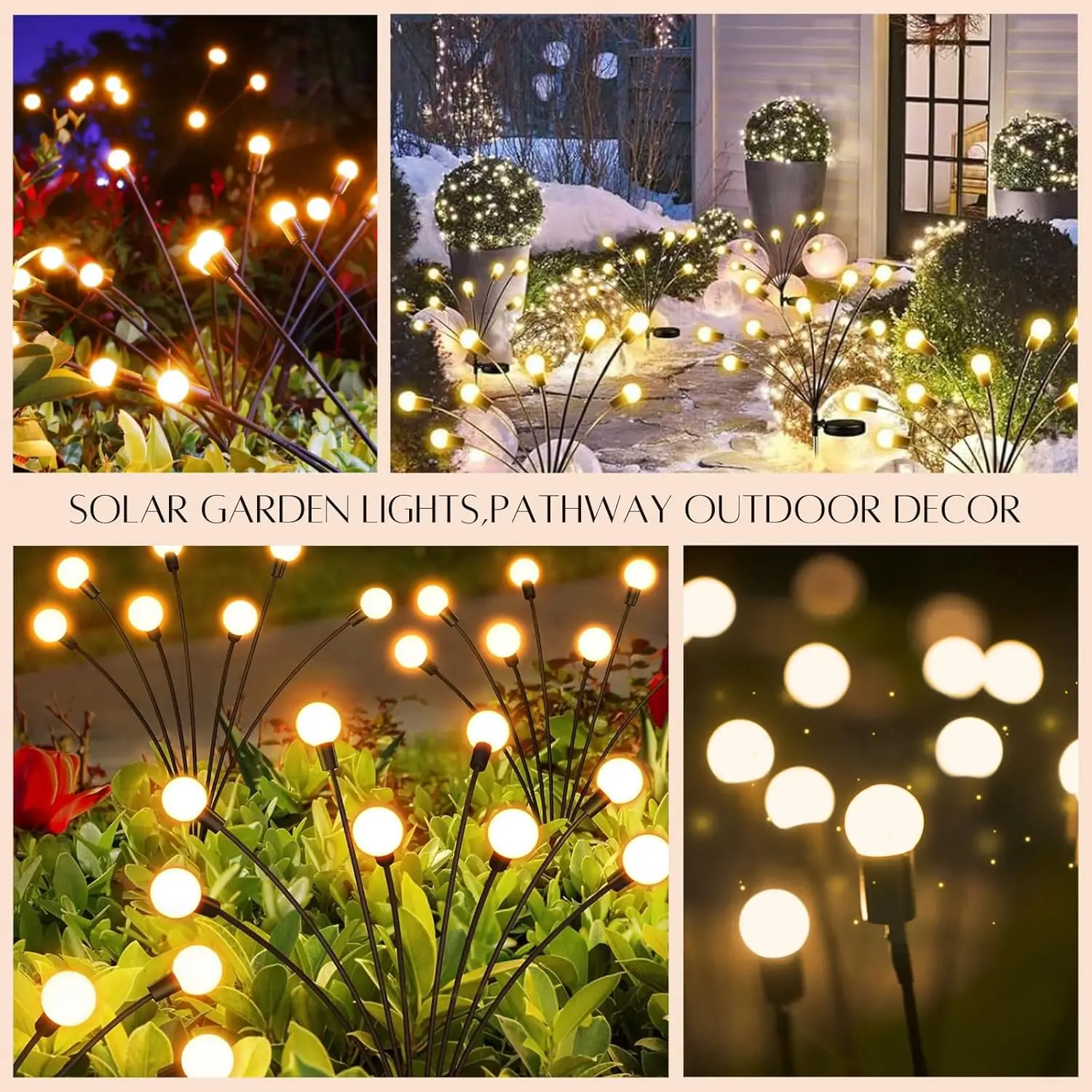 Paquete de 6 luces solares de jardín, guirnaldas de luces LED impermeables para camino de Patio, blanco cálido, balanceo con viento