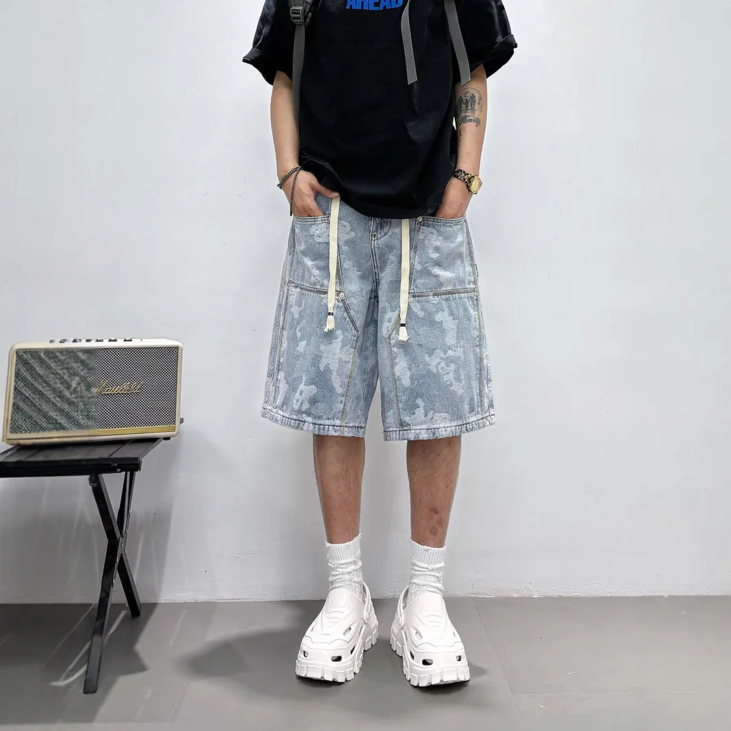 

Summer Men's Thin Loose Camouflage Denim Shorts High Quality Light Luxury Minimally Designed Mid length Pants jeans for men