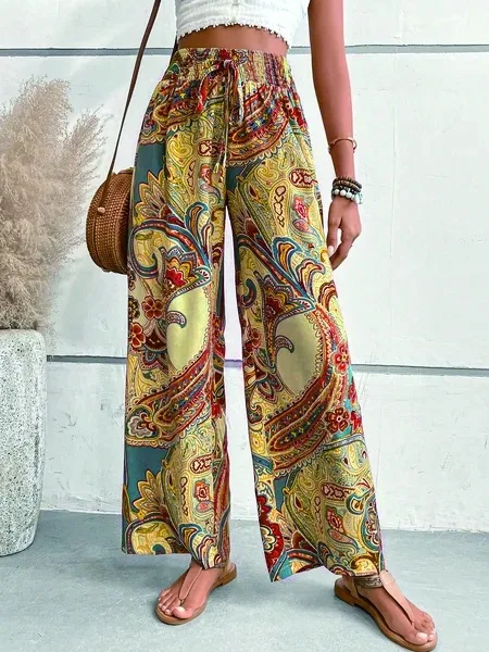 Printed Wide Leg Pants For Women Drawstring Leace-up Bohemian Style Loose Long Pant Lady Fashion Streetwear Casual Trousers New