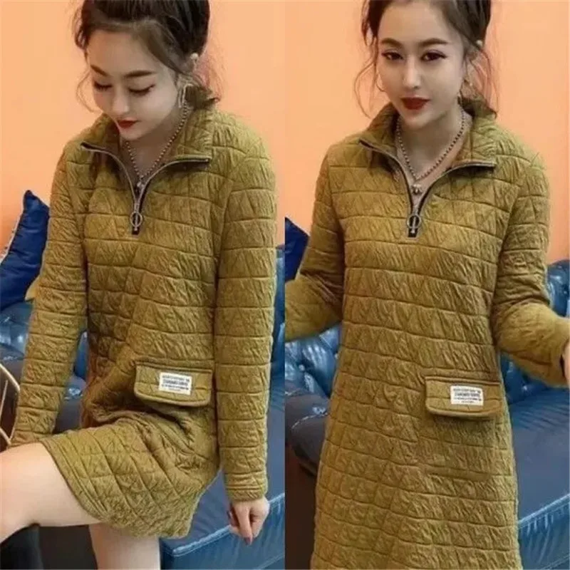 

2024 New Bubble Diamond Thick Autumn Winter Dress Women's Fashion Long Sleeve Zipper Collar Loose Warm Casual Dress Long Hoodie