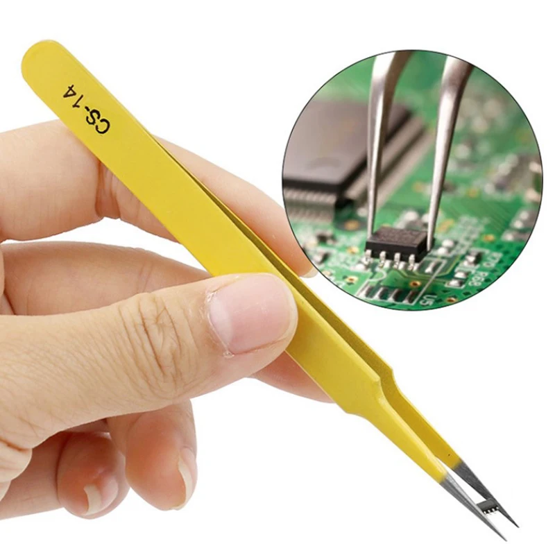 Stainless Steel Tweezer Yellow Anti-Static Antimagnetic Tweezer For Electronics Phone Repairing Tool Eyebrow/Eyelash Tweezer DIY