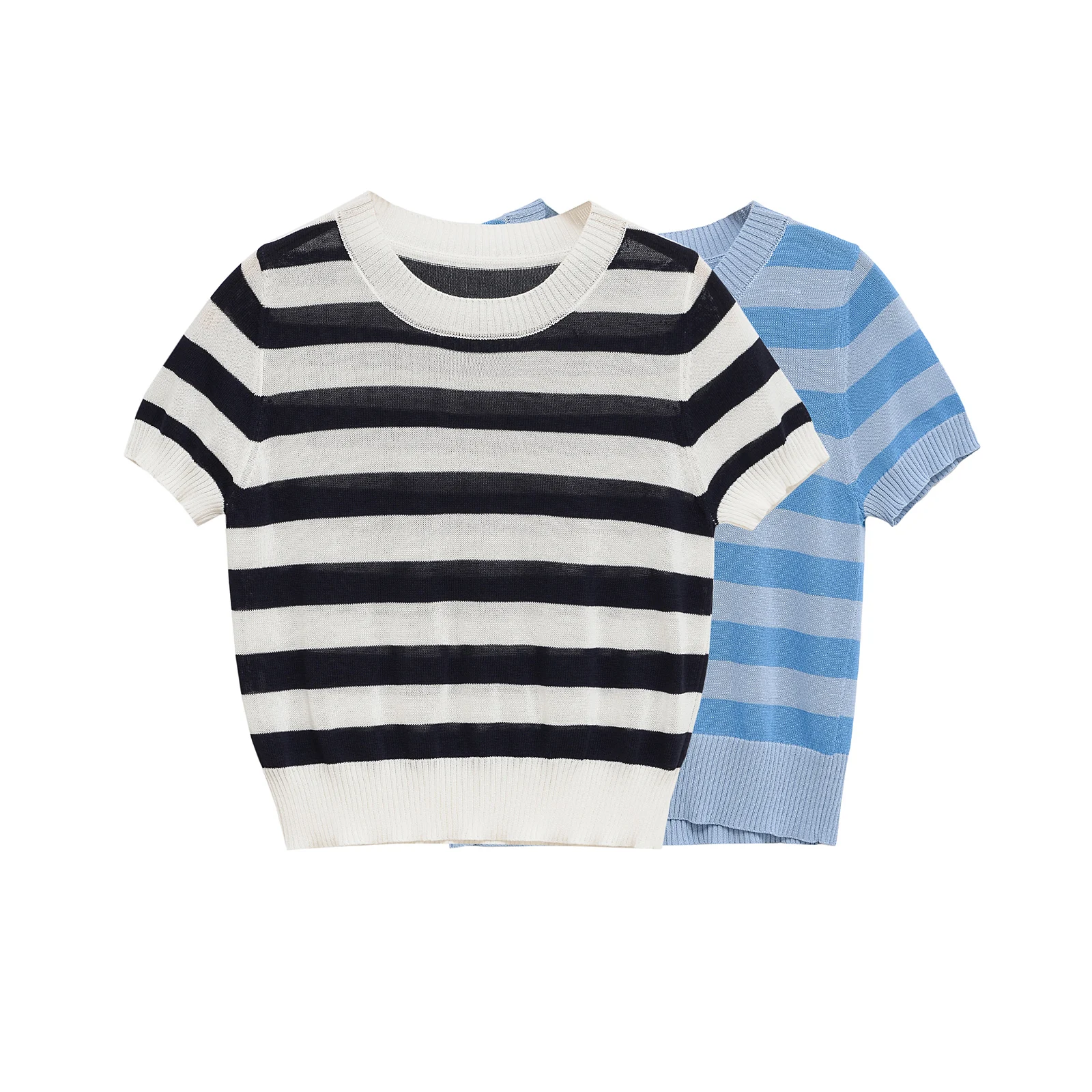 

Женская модная простая вязаная полосатая футболка с короткими рукавами, женский повседневный текстурный свитер, рубашка 2142079