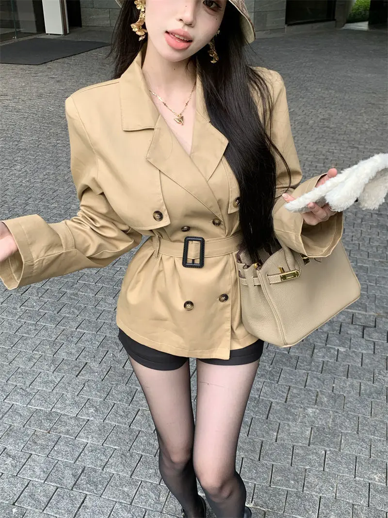 

Classic Double Breasted Trench Coats Tops Casual Mid-length Abrigos Elegant With Belt Chaqueta Korea Women Casacos Outerwears