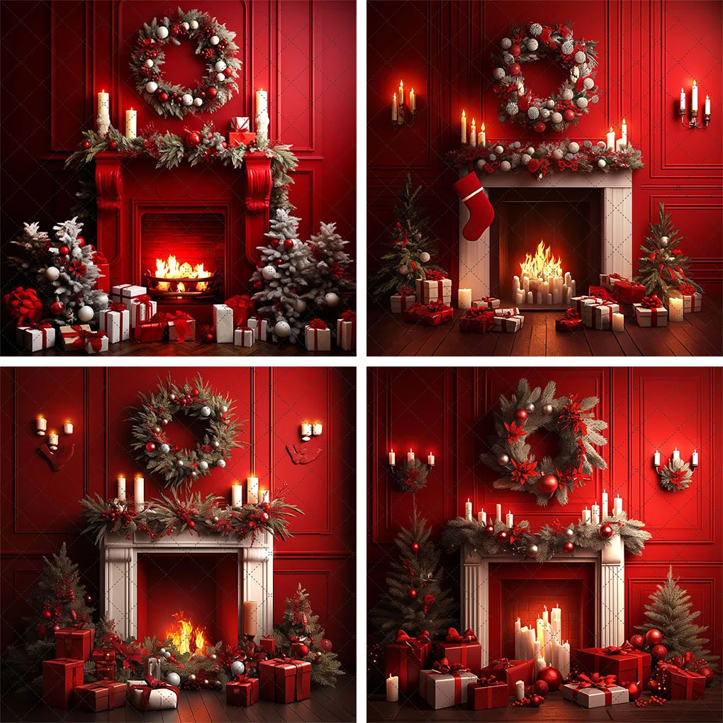 

Mehofond 3D Christmas Fireplace Photography Backdrop Kids Family Portrait Red Wall Candles Gift Box Decor Background Photozone