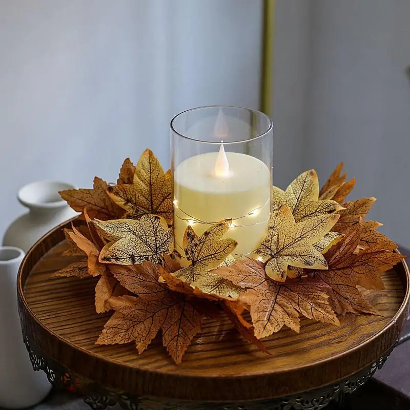 Autumn Candle Ring Harvest Day Ring Holder Maple Leaves 9.8Inch Faux Kitchen Cabinet Farmhouse Style For Festival Holiday Party