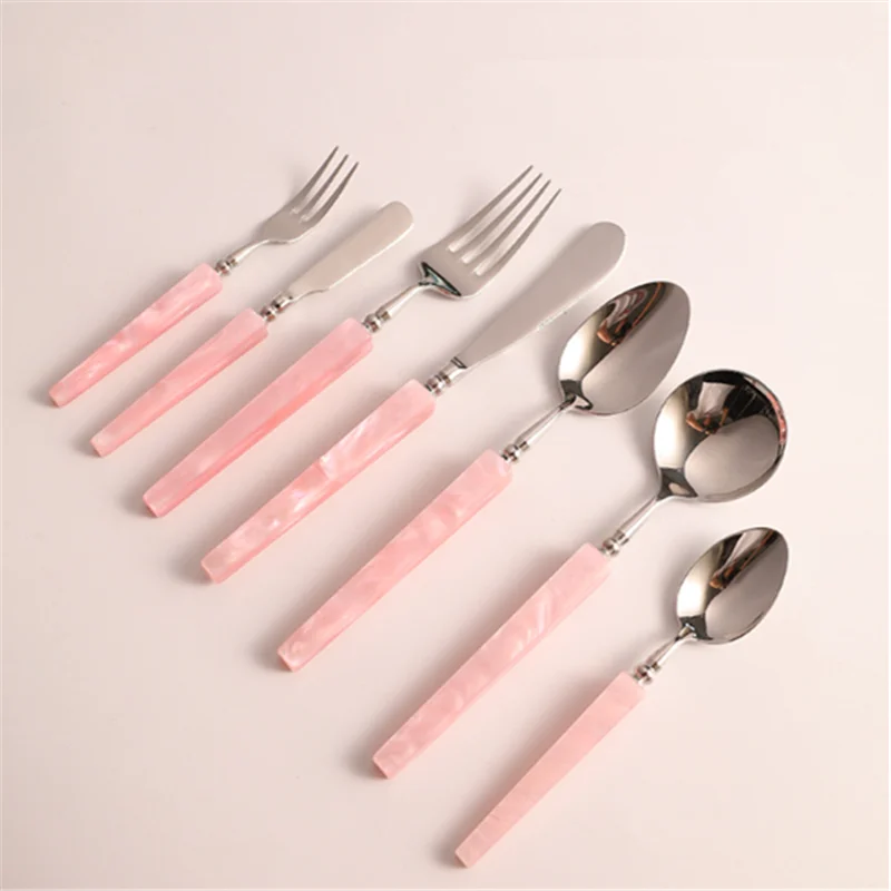 

Pink Acylic 304 Stainless Steel Cutlery Set Streamer Square Handle Steak Knife Spoon Fork High-end French Tableware for Wedding