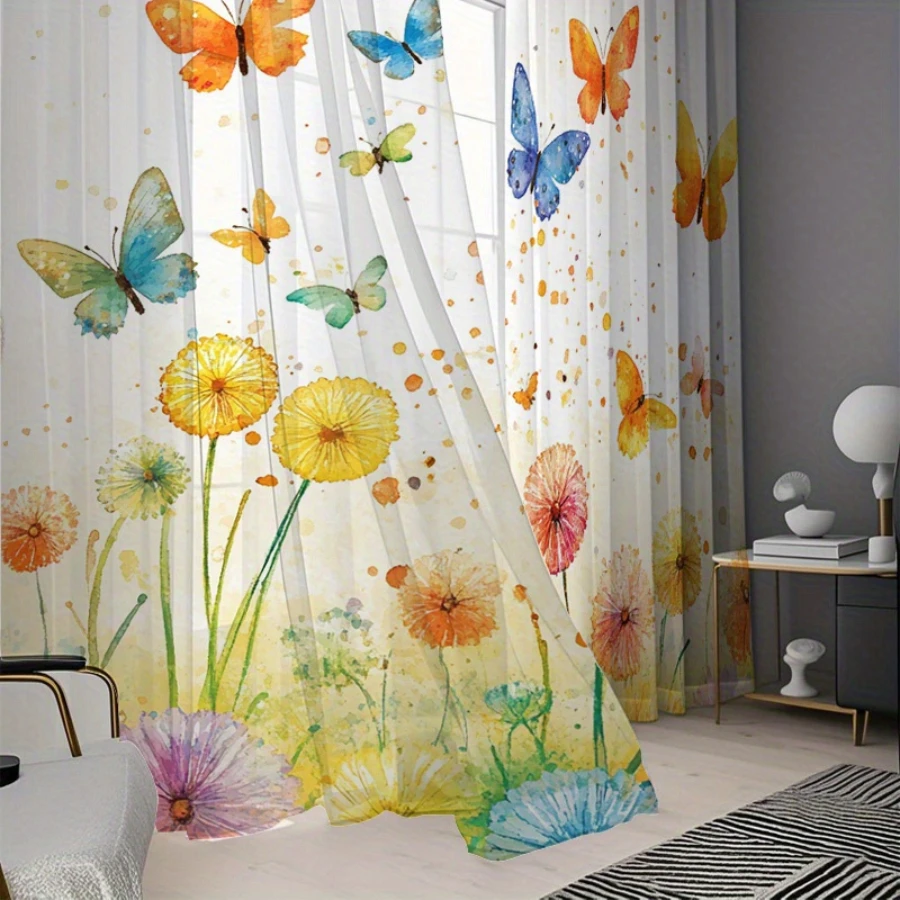 2PCS Digital Print Sheer Curtains, Colorful Butterfly Dandelion, Whimsical Nature Spring for Bedroom Living Room Home Decor