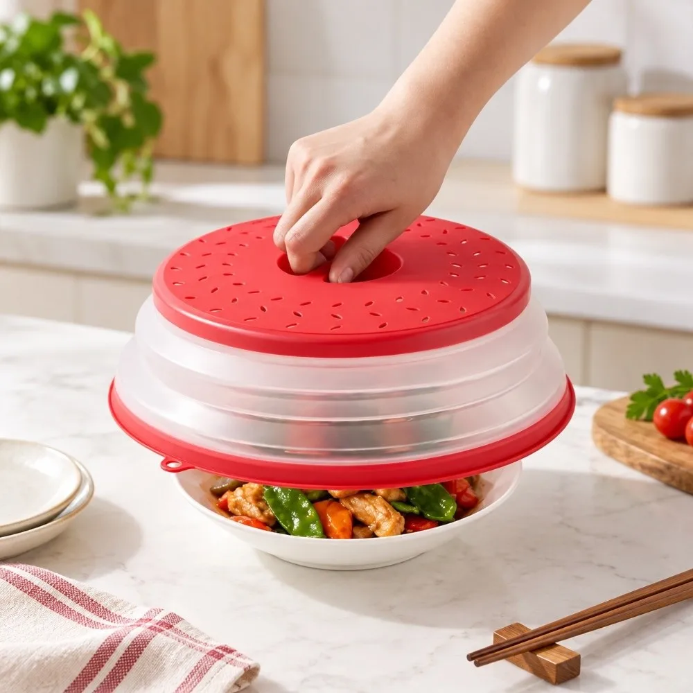 Oil-proof Microwave Splatter Cover with Steam Drain Multi-Function Drain Basket Non-Toxic Splash-Proof Microwave Spray Cover