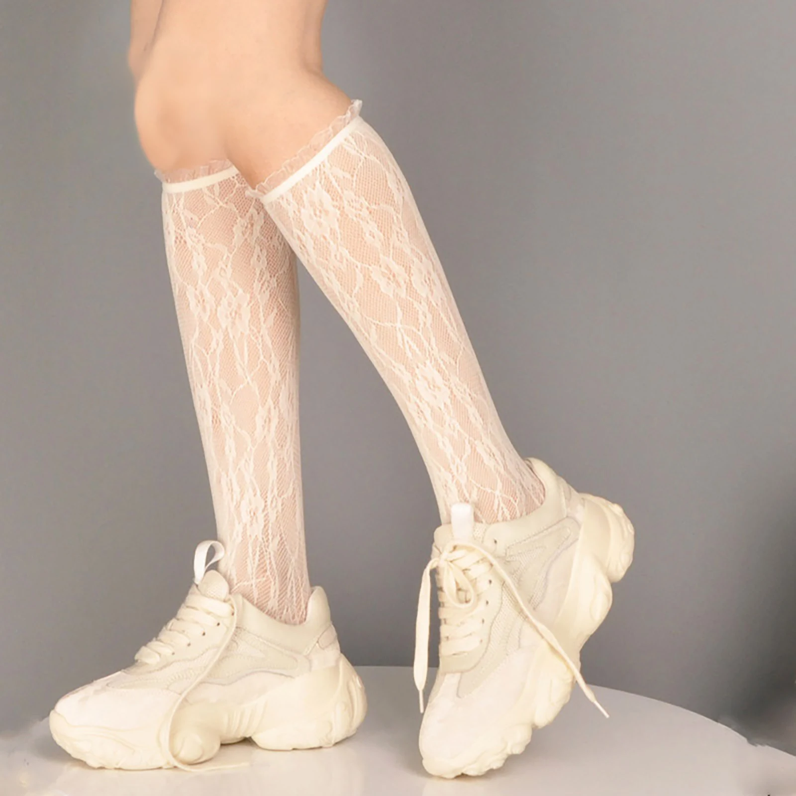 Calcetines largos hasta la rodilla con volantes de encaje para niñas, medias altas hasta el muslo, accesorios de ropa de Cosplay, negro, blanco, Sexy, Lolita