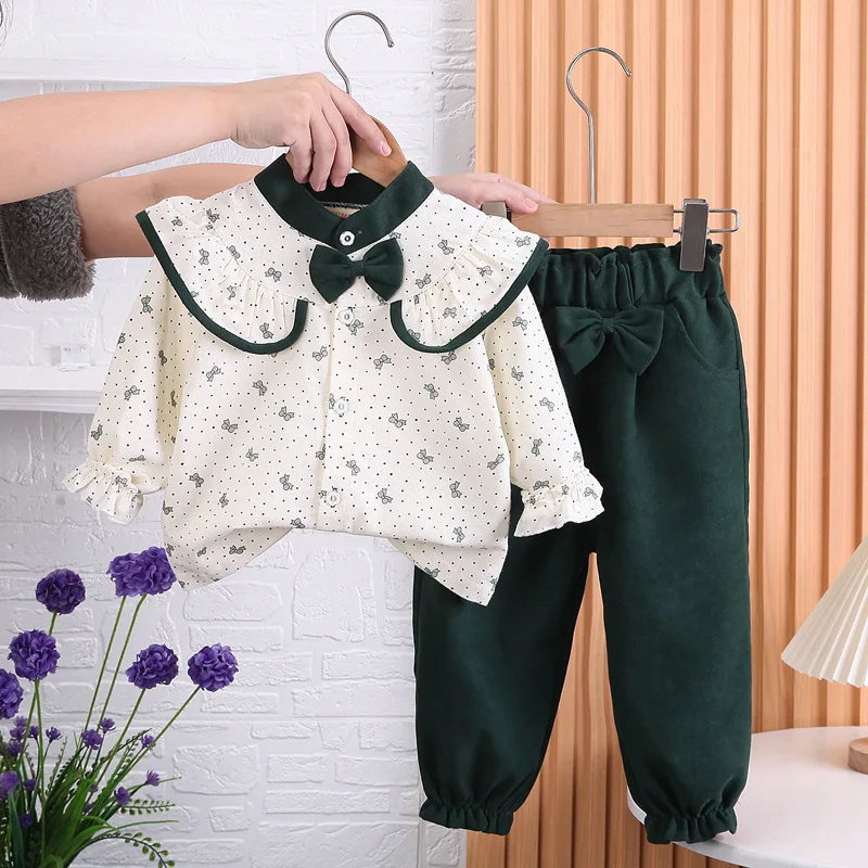 

New Baby Girl Clothes 1 to 5 Years Bow Tie Standing Collar Long Sleeve Shirts and Pants Girls Autum Outfit Sets Kids Bebes Suits