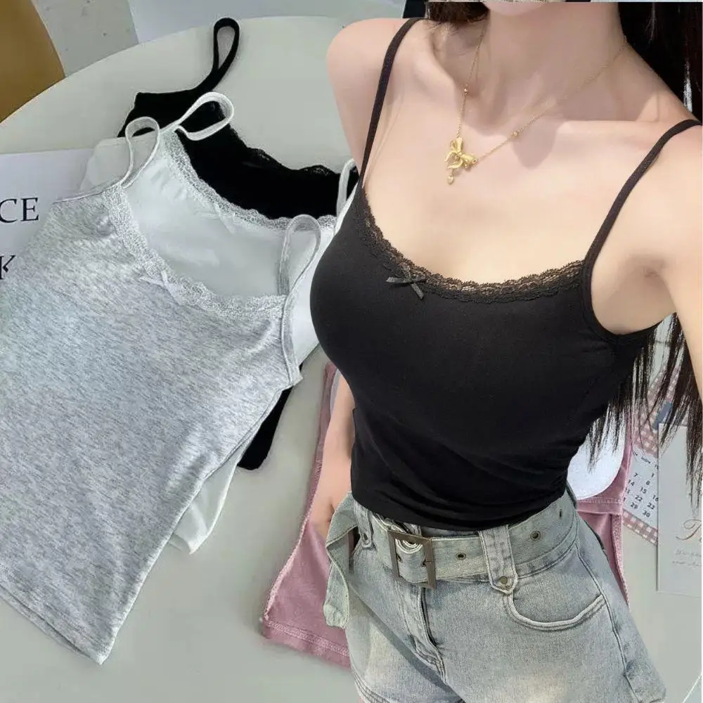Sexy White Lace Bow Camisole Tank Top Cropped Vest Women's Sleeveless Crop Tops With Chest Pad Y2k Cute Summer Slim Undershirt