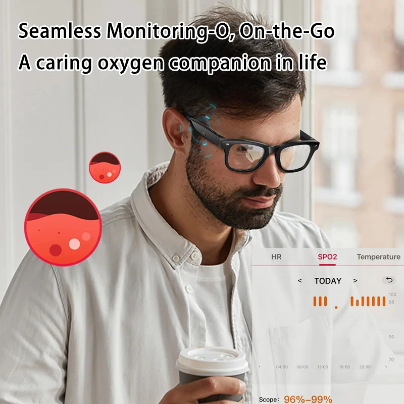 Nuovi occhiali intelligenti AI Frequenza cardiaca Ossigeno nel sangue Monitoraggio della temperatura Occhiali da sole per traduzione Chiamata Bluetooth Occhiali da vista per musica