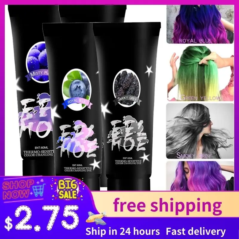 Tinte termocromático que cambia de Color para el cabello, temperatura, cambio de Color, barba, bigote, tinte para el cabello, Morado, rosa, negro y plateado, 60ml