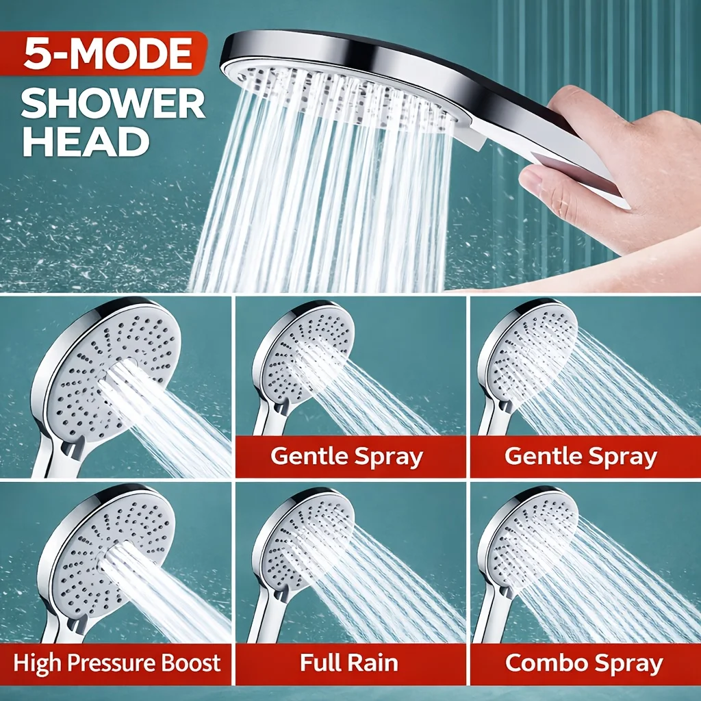 

High-Pressure Water-Saving Handheld Shower Head with Large Panel, 5 Spray Modes, Adjustable Shower Head 59-Inch Hose