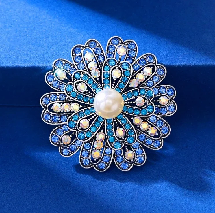 Fashion Luxury Blue Flower Pearls Brooch For Women Clothing Coat Jewelry Accessories Gifts