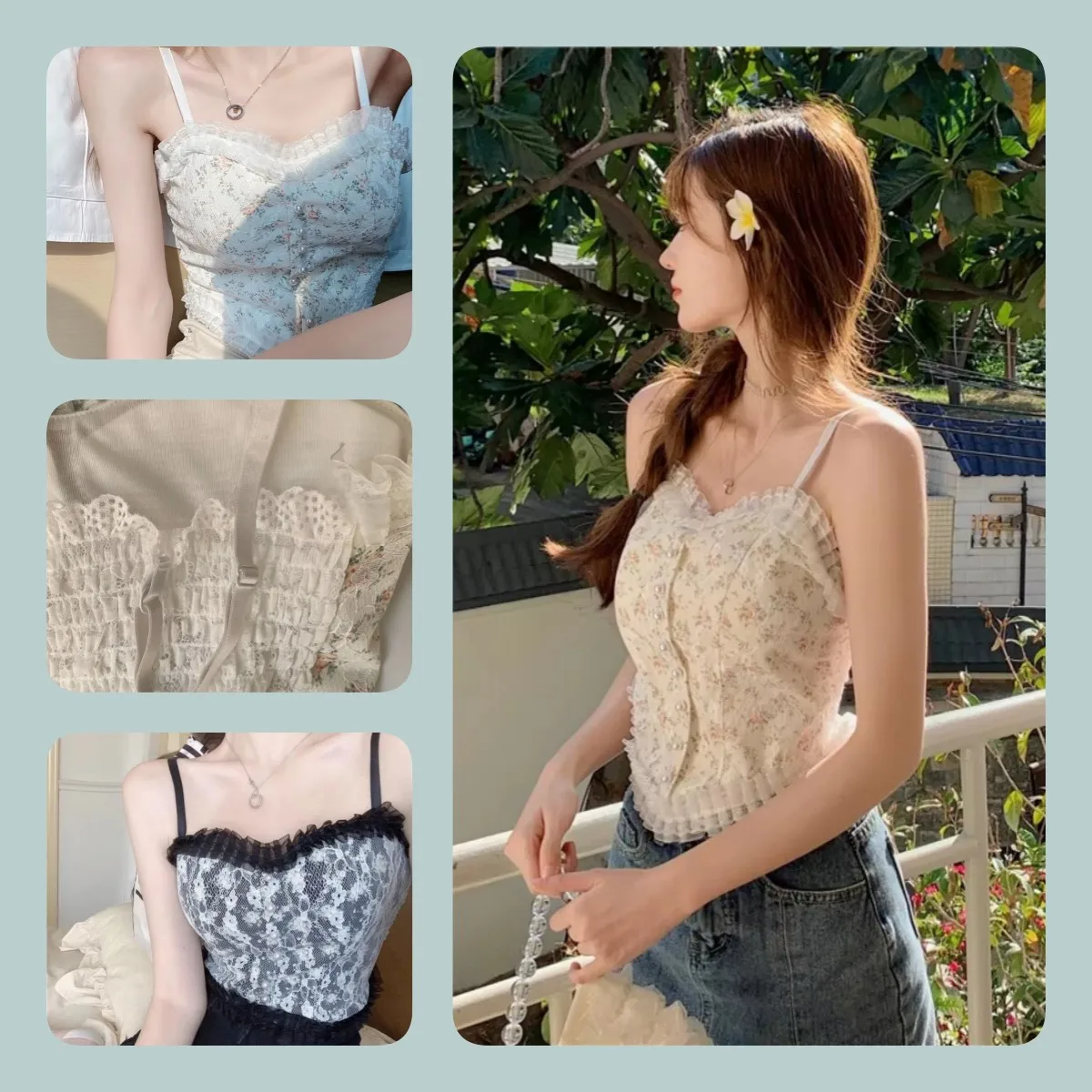 1 Stück Damen-Trägertop Sommer Französische Spitze Blumenmuster Rüschen Ohne Bügel Mit Brustpolster Mädchen Unterhemd Tanktop