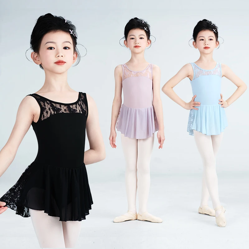 

Детский кружевной танцевальный трико для девочек, жилет, балетное гимнастическое боди, танцевальное платье-пачка без рукавов, нейлоновые балетные танцевальные костюмы