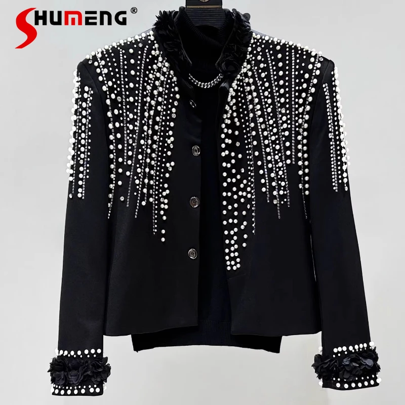 2025 otoño de los hombres nuevo de gama alta pequeño fragante abrigos de manga larga chaquetas de los hombres de moda elegante con cuentas de diamantes de imitación chaquetas personalizadas