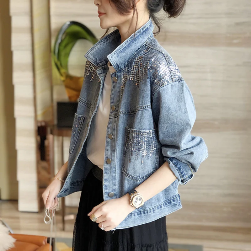 

Blue Short Sequin Pocket Denim Jacket Women's Casual Denim Spring Autumn New Loose Fashion Jeans Jacket Women Long Sleeve Coat