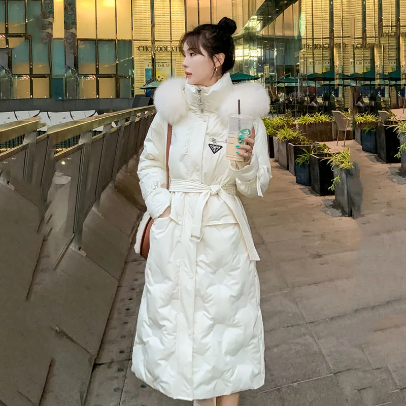 

New Fashion Fox Fur Collar Down Coat Woman Long Warm White Duck Down Parka Jacket Hooded Thick Warm Down Coat Overcoat With Belt