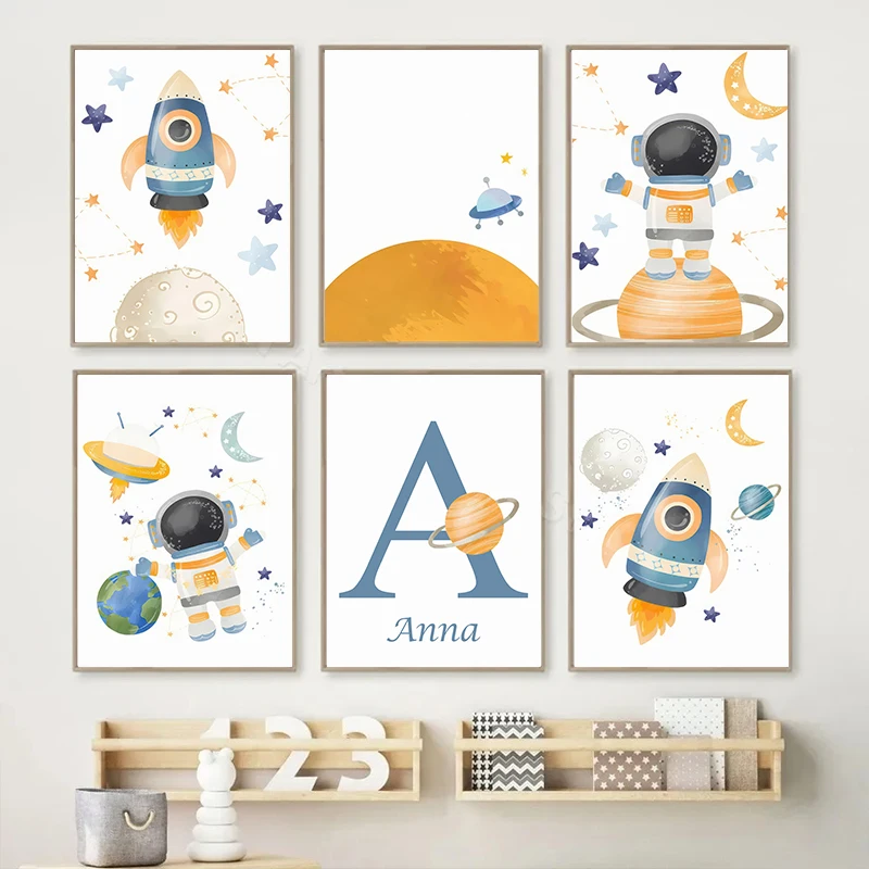 Rocket Astronaut Planet Outer Space Baby Name Custom Wall Art Canvas Painting Nordic Cartoon Prints Posters for Kids Room Decor