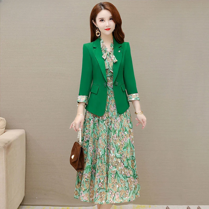 2 Piece Set Elegant Floral Dress Suits Office Lady Korean Thin Unlined Blazer And Sleeveless Print Dresses Casual Outfits Z441