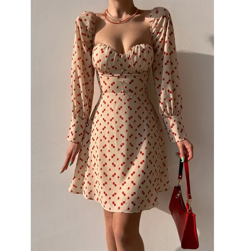 فستان نسائي جديد للربيع والصيف على شكل زهرة فرنسية بقصة منخفضة ورقبة مربعة وحزام خلفي فستان على شكل حرف A 288