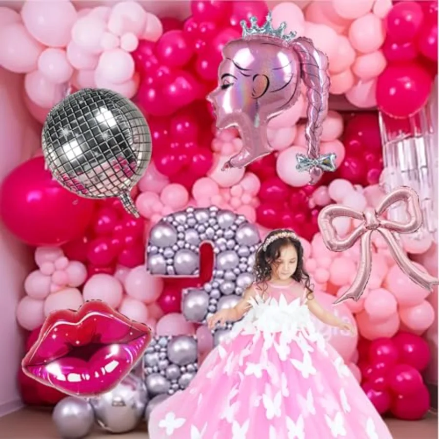 핫핑크와 실버 풍선 가랜드 키트 120개 핑크 크라운 인형 풍선 세트 공주 카우걸 디스코 테마 소녀 여성용