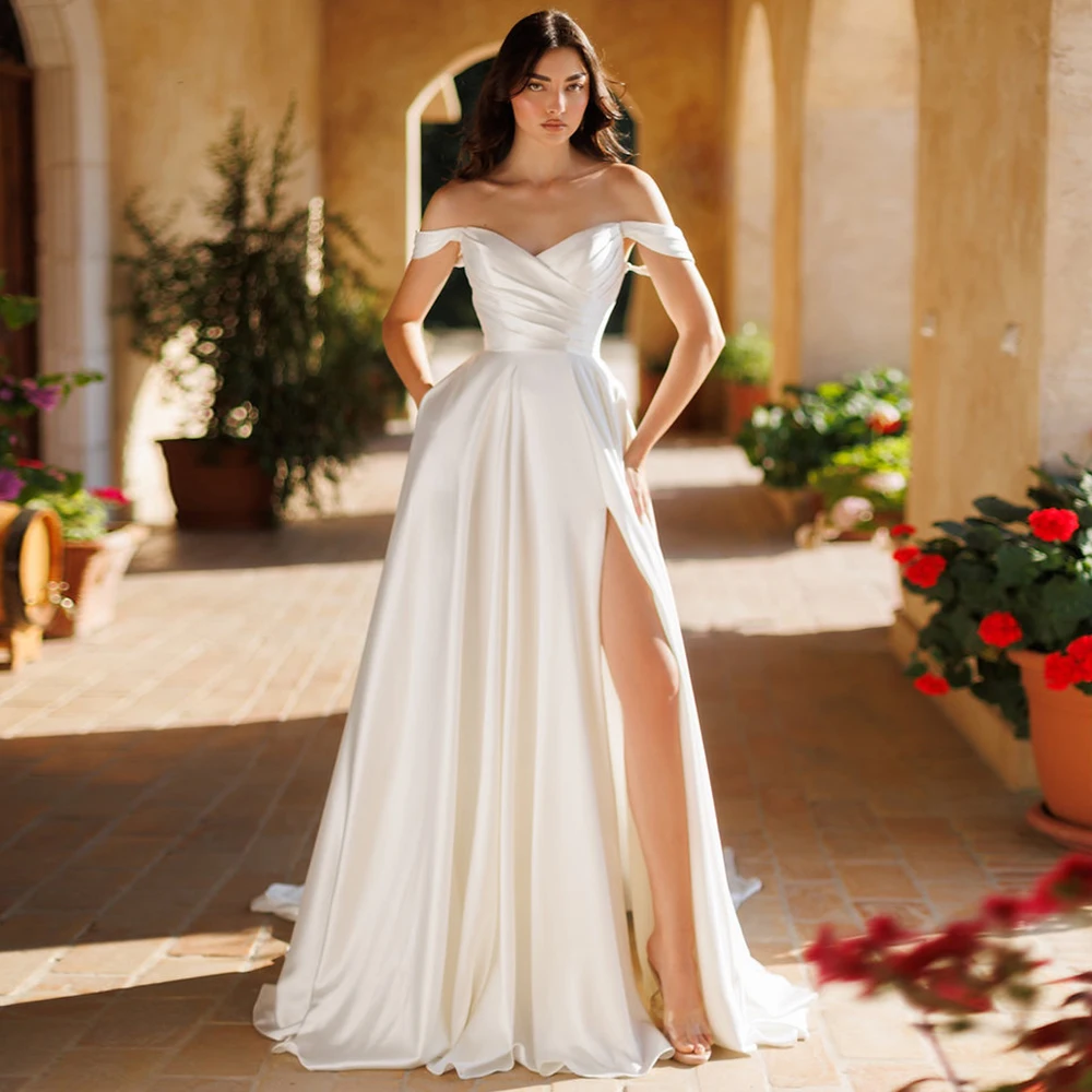 

Romantic Off-the-Shoulder Satin A-Line Wedding Dress with High Slit and Pockets Customized Sweep Train Sweetheart Bridal Gowns