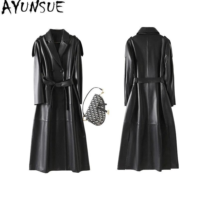 AYUNSUE 진짜 양피 정품 가죽 자켓 여성 2025 여성을위한 긴 트렌치 코트 자켓 가을 옷 Jaqueta De Couro