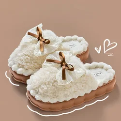 Winter Bowtie Slippers for Women Cartoon Warm Non Slip Indoor Household Thick Sole Flat Heel Couple Cotton Shoes 2023