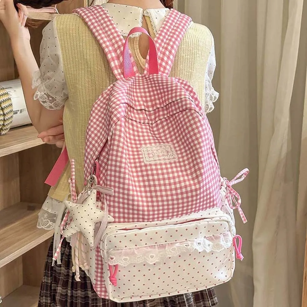 Koreanischer Stil Karierter Rucksack mit Rüschen-Design, Pastellfarben, Spitzen-Schultasche, Leichtgewicht, Große Kapazität, Gingham-Tagesrucksack, Comic Con Otaku – Detail 6