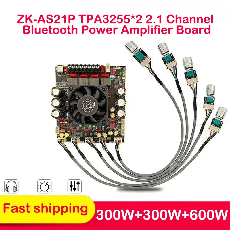 

ZK-AS21P TPA3255*2 2.1 Channel Bluetooth Power Amplifier Board 300W+300W+600W High Power Low Noise Audio Power Amplifier Module