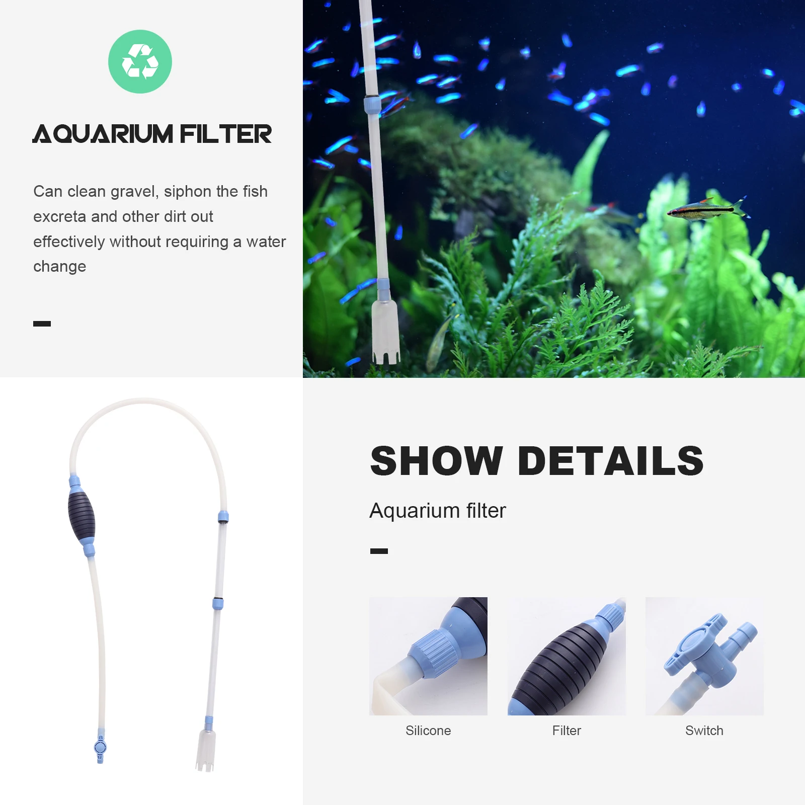 

Fish Tank Cleaner Vacuum Siphon Tool for Gravel Sand Washer Algae Brush Deep Shallow Cleaning Accessories Aquarium Drainage